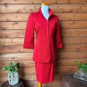 Linda Allard Ellen Tracy Fire Engine Red Cotton Blazer Skirt Set Zip Jacket Sz 4